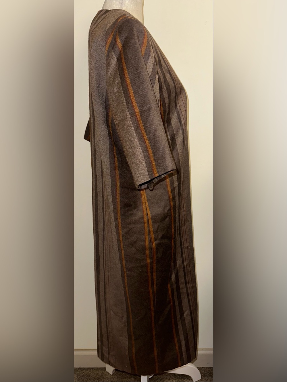 Vtg 70s Brown & Orange Vertical Striped Dress - Picture 6 of 8